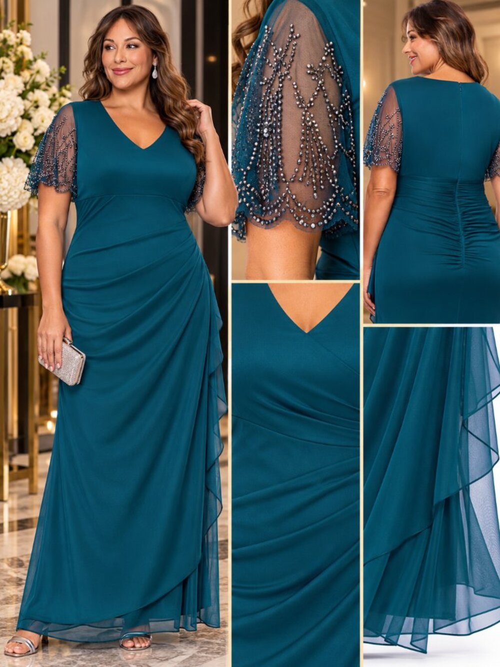 XSCAPE Plus Neo Emerald Beaded Flutter Sleeve Ruched Formal Gown 14W NWT